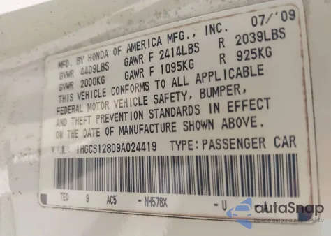 2009 Honda Accord 2.4 Ex-L z USA, uszkodzony, nr VIN 1HGCS12809A024419